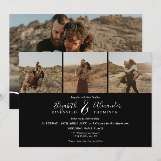 Elegant 4 Foto's modern script bruiloft zwart Kaart (Voorkant / Achterkant)