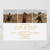 Elegant 4 Foto's modern script bruiloft zwart wit Folie Uitnodiging (Voorkant)