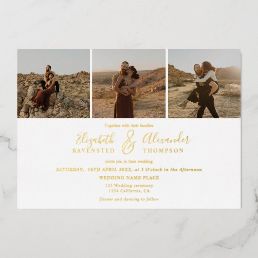 Elegant 4 Foto's modern script bruiloft zwart wit Folie Uitnodiging (Voorkant)