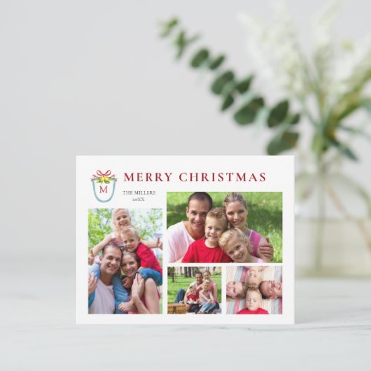 Elegant 4 foto's monogram feestdagenkaart (Staand voorkant)