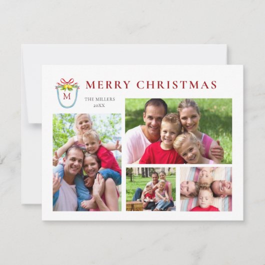 Elegant 4 foto's monogram feestdagenkaart (Voorkant)