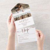 Elegant 4 Foto's red white modern script bruiloft All In One Uitnodiging (Afscheurbaar)