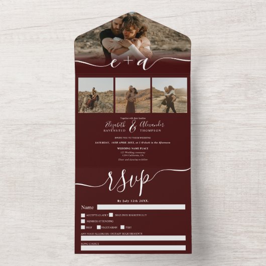 Elegant 4 Foto's woedend modern script bruiloft All In One Uitnodiging (Binnen)