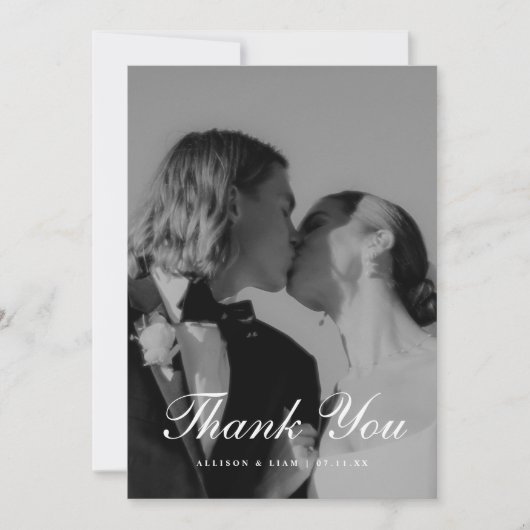 Elegant 4-Photo Black & White Script Wedding Bedankkaart (Voorkant)