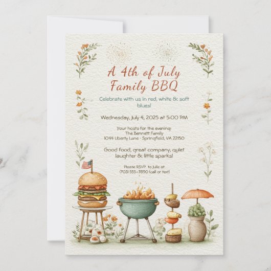 Elegant 4th of July BBQ Invitation – Soft Line Art Kaart (Voorkant)