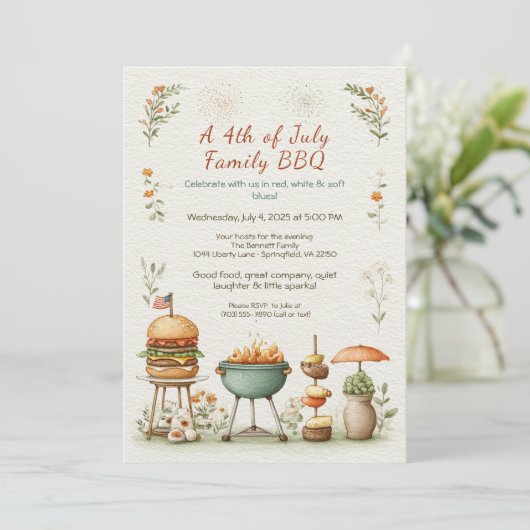 Elegant 4th of July BBQ Invitation – Soft Line Art Kaart (Staand voorkant)