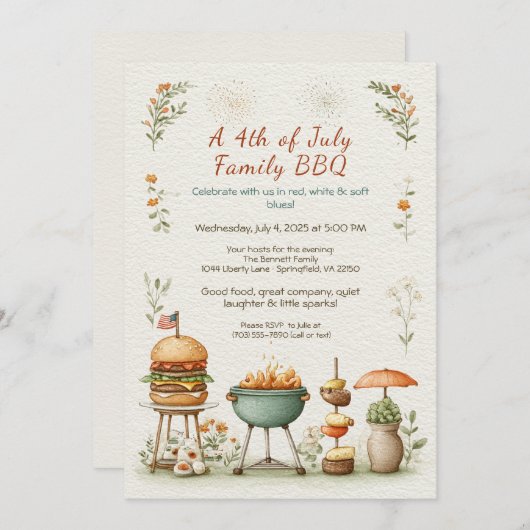 Elegant 4th of July BBQ Invitation – Soft Line Art Kaart (Voorkant / Achterkant)