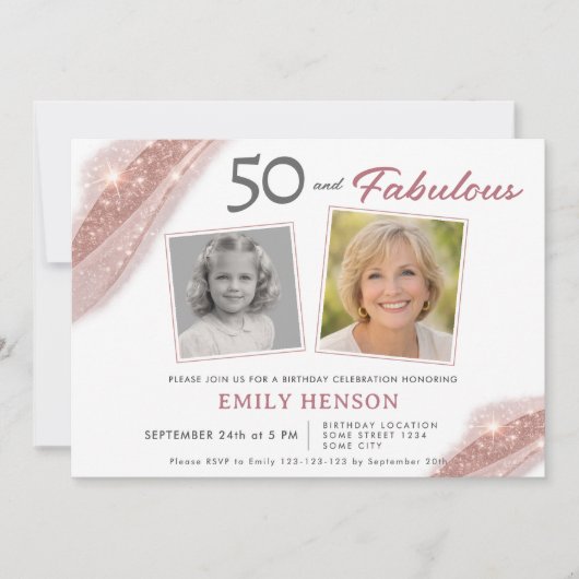 Elegant 50 and Fabulous Rose Gold Photo Birthday Kaart (Voorkant)