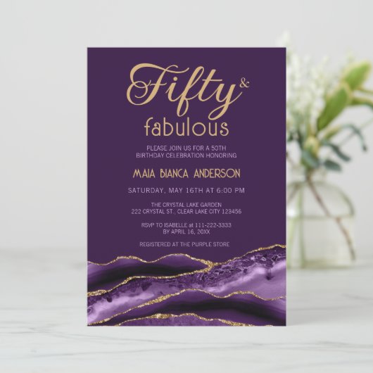 Elegant 50 en Fabulous 50th Birthday Paars Agate Kaart (Staand voorkant)