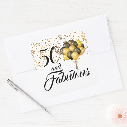 Elegant 50 en Fabulous Birthday Gold Confetti Vierkante Sticker (Envelop)