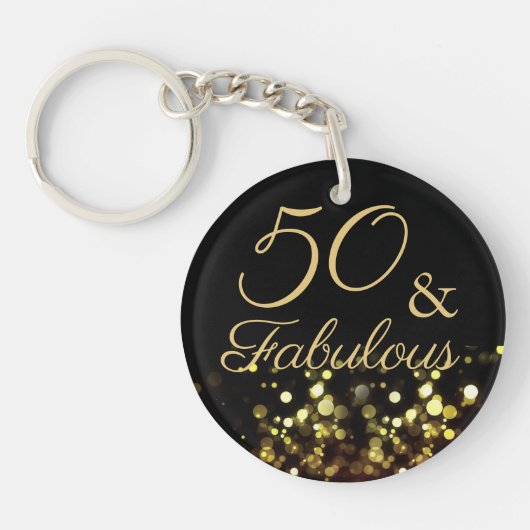 Elegant 50 en Fabulous Black and Gold Glitter Sleutelhanger (Voorkant)