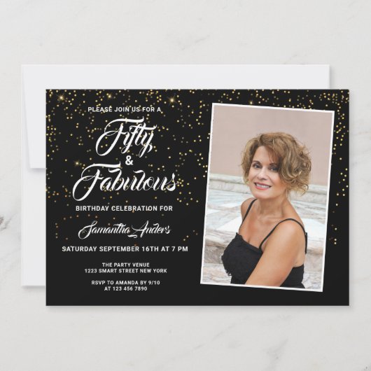 Elegant 50 en Fabulous Black Gold Glitter Photo Kaart (Voorkant)