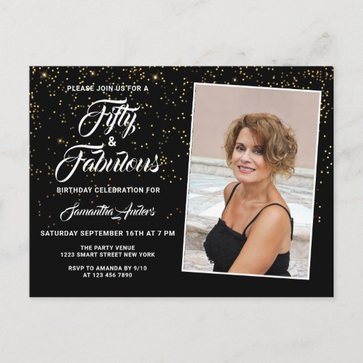 Elegant 50 en Fabulous Black Gold Glitter Photo Uitnodiging Briefkaart (Voorkant)