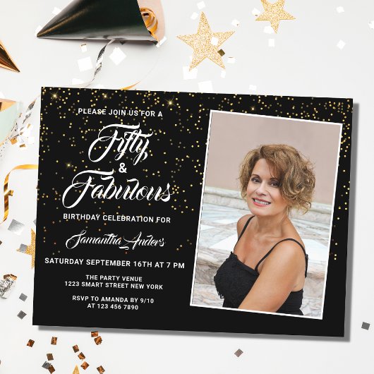 Elegant 50 en Fabulous Black Gold Glitter Photo Uitnodiging Briefkaart