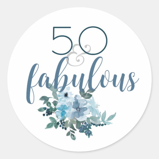 Elegant 50 en Fabulous Blue Floral Waterverf Ronde Sticker (Voorkant)