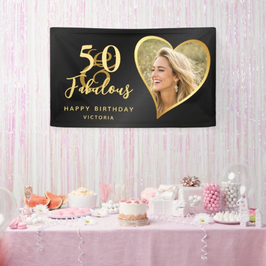 Elegant 50 en Fabulous Custom Photo Black Gold Spandoek (Feest)