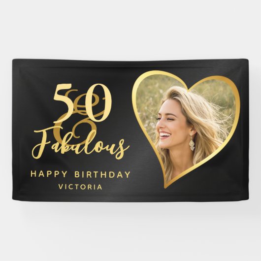 Elegant 50 en Fabulous Custom Photo Black Gold Spandoek (Horizontaal)