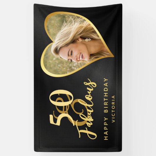 Elegant 50 en Fabulous Custom Photo Black Gold Spandoek (Verticaal)