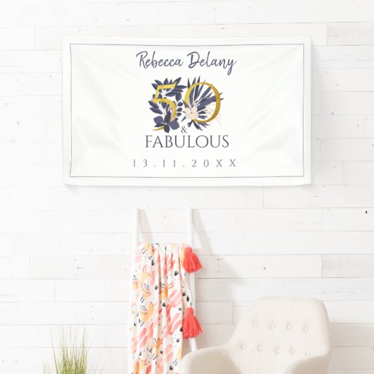 Elegant 50 en Fabulous Floral Gold 50th Birthday Spandoek (Insitu)