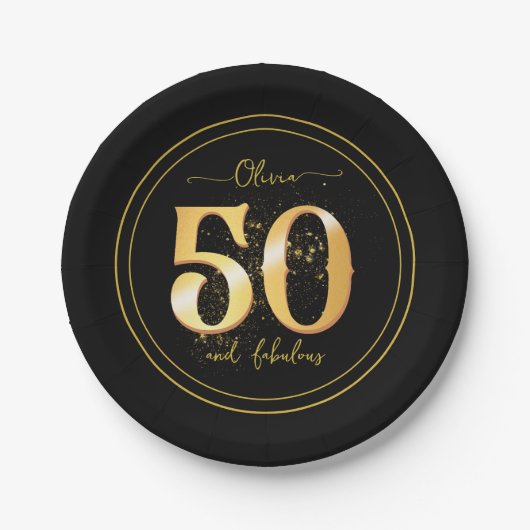 Elegant 50 en Fabulous Glitter Goud Zwart Papieren Bordje (Voorkant)