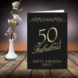 Elegant 50 en Fabulous Ornament 50th Birthday Kaart<br><div class="desc">Elegante 50 en Fabulous Ornament 50th Birthday Kaart. 50 en fabelachtige tekst in trendy gouden schrift en een elegant ornament op zwarte achtergrond. Personaliseer het met jouw naam en uw leeftijd,  en maak gepersonaliseerde elegante verjaardagskaart. Voeg je verjaardagsbriefje toe aan de kaart of verwijder het.</div>