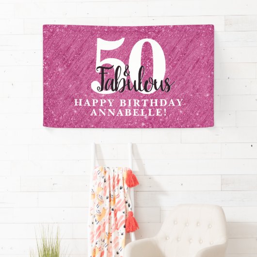 Elegant 50 en Fabulous Pink Sparkle 50th Birthday Spandoek (Insitu)