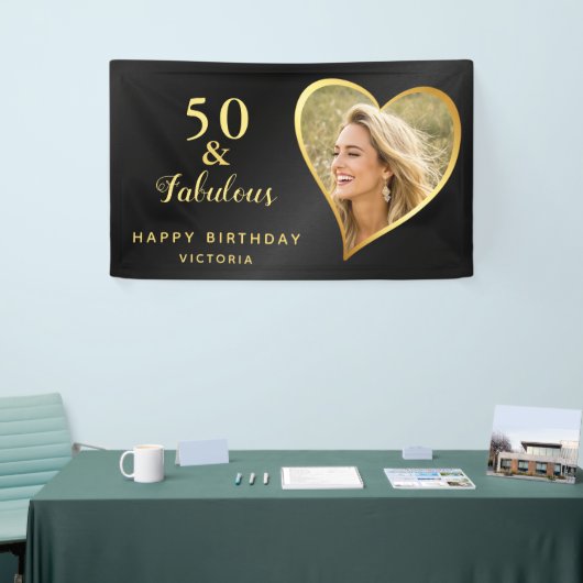 Elegant 50 en Fabulous Zwart Goud Custom Photo Spandoek (Beurs)