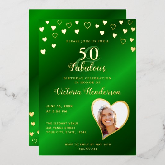Elegant 50 & Fabulous Birthday Green & Gold Folie Uitnodiging (Voorkant / Achterkant)