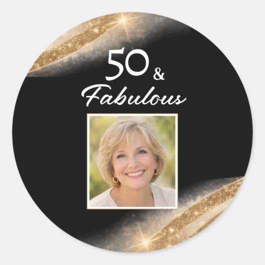 Elegant 50 & Fabulous Black Gold Photo Birthday Ronde Sticker (Voorkant)