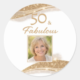 Elegant 50 & Fabulous Gold Photo Birthday  Ronde Sticker
