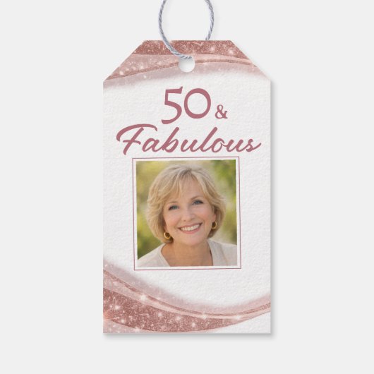 Elegant 50 & Fabulous Rose Gold Photo Birthday Cadeaulabel (Achterkant)