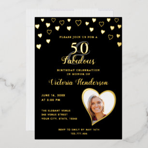Elegant 50 & Fabulous Solid Black & Gold Birthday Folie Uitnodiging