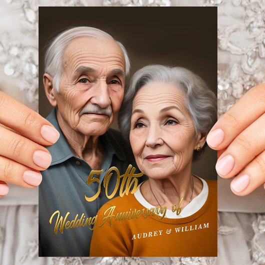 Elegant 50e bruiloft Jubileum: 3D Gold Script Kaart