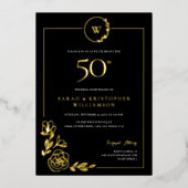 Elegant 50e bruiloft Jubileum Zwart Goud Folie Uitnodiging (Voorkant)