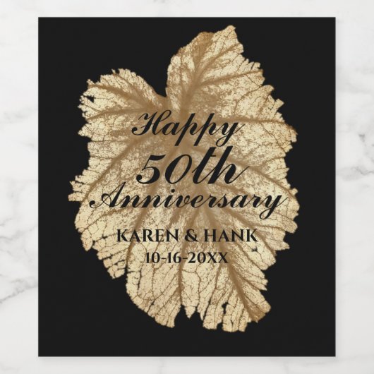 Elegant 50e bruiloft Jubileum Zwart Goudblad Wijn Etiket (Enkel label)
