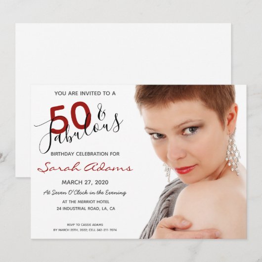 Elegant 50e Fabulous Birthday Foto Red Script Kaart (Voorkant / Achterkant)
