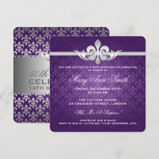 Elegant 50e geboortedag Fleur De Lis Paars Kaart (Voorkant / Achterkant)