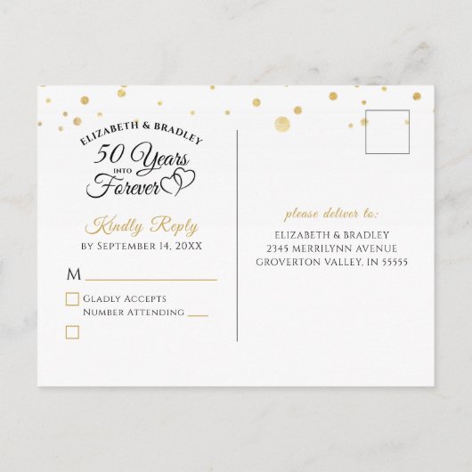 Elegant 50e Jubileum monogram harten Gold RSVP Uitnodiging Briefkaart (Achterkant)