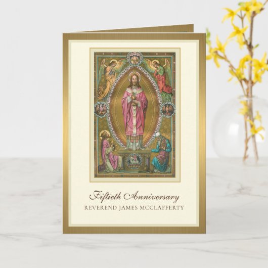 Elegant 50e Jubileum Ordination Priest Jesus Kaart (Gele Bloem)