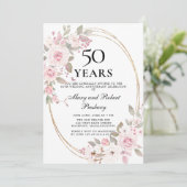 Elegant 50e Jubileum Roze Rose Floral Invitati Kaart (Staand voorkant)