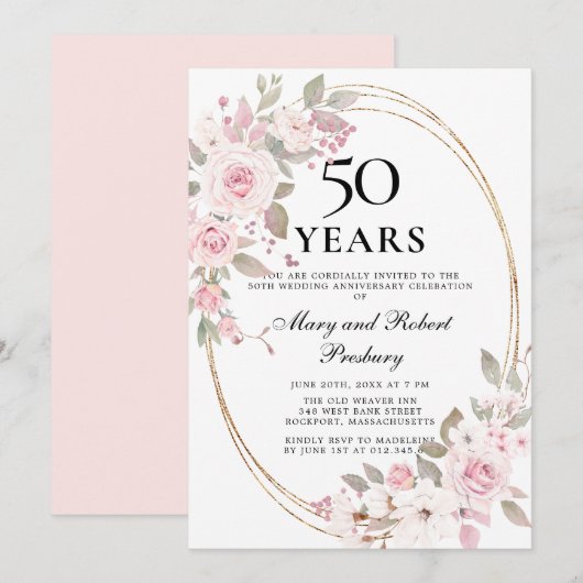 Elegant 50e Jubileum Roze Rose Floral Invitati Kaart (Voorkant / Achterkant)