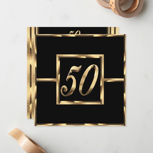 Elegant 50e Jubileum Uitnodiging zwart en goud (Voorkant / Achterkant in situ)
