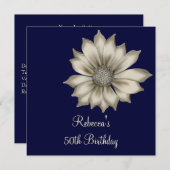 Elegant 50e marineblauw-beige bloemenfeest kaart (Voorkant / Achterkant)