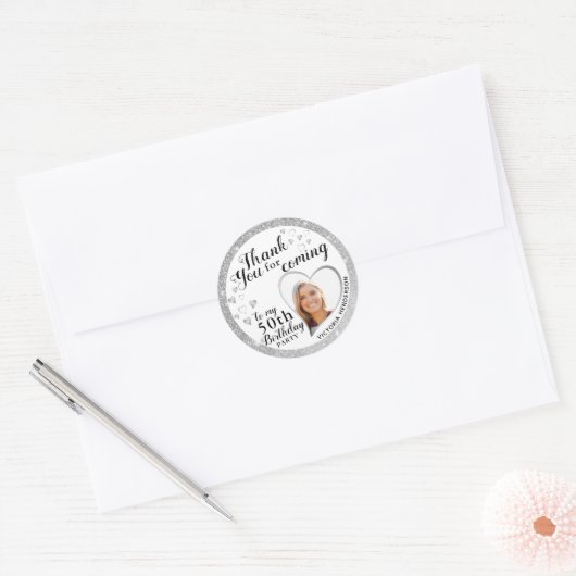 Elegant 50e verjaardag Favor Silver Dank u Ronde Sticker (Envelop)