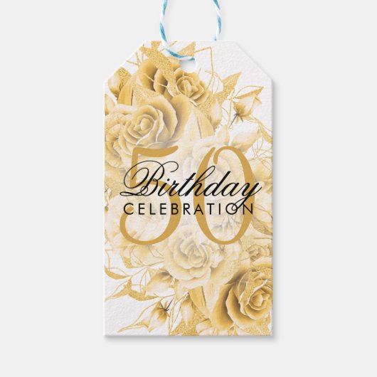 Elegant 50e verjaardag Floral Gold White Cadeaulabel (Voorkant)