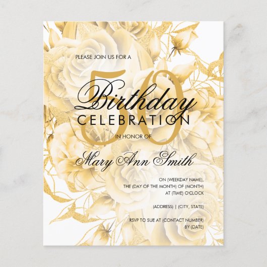 Elegant 50e verjaardag Floral Gold White Invite (Voorkant)