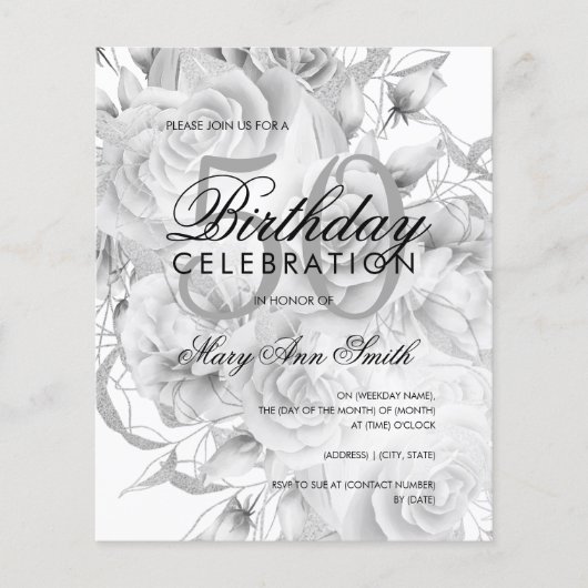 Elegant 50e verjaardag Floral Silver White Invite Flyer (Voorkant)