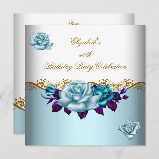 Elegant 50e verjaardag Gold Blue Rozen Kaart (Voorkant / Achterkant)