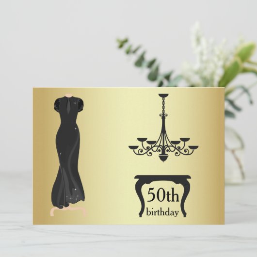 Elegant 50e verjaardag Gold en zwarte uitnodiging (Staand voorkant)