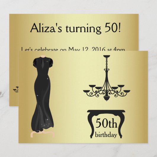 Elegant 50e verjaardag Gold en zwarte uitnodiging (Voorkant / Achterkant)